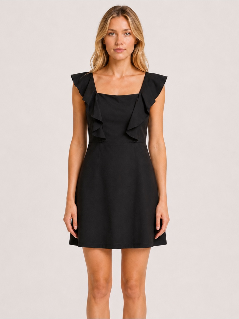 French Connection Whisper Ruffled V-Neck Mini Dress Women’s Size 6 Black Nwot